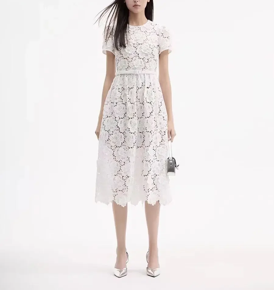 Women's 2024 early autumn new ivory white temperament short sleeved waist cinched lace mid length dress