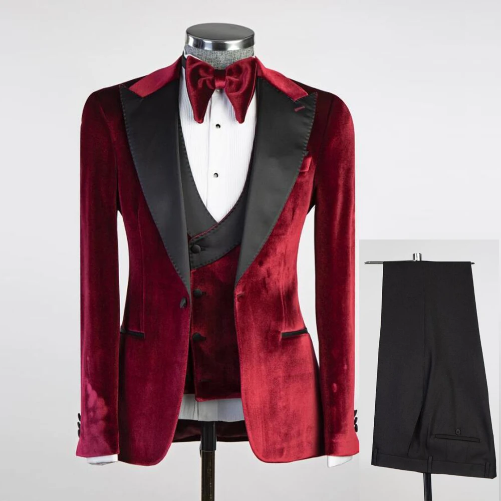 

Bridegroom Wedding Suits Formal Prom Party Burgundy Velvet Jacket Vest Pants 3 Pieces Men Suit Tailor Made Male Fashion Clothing