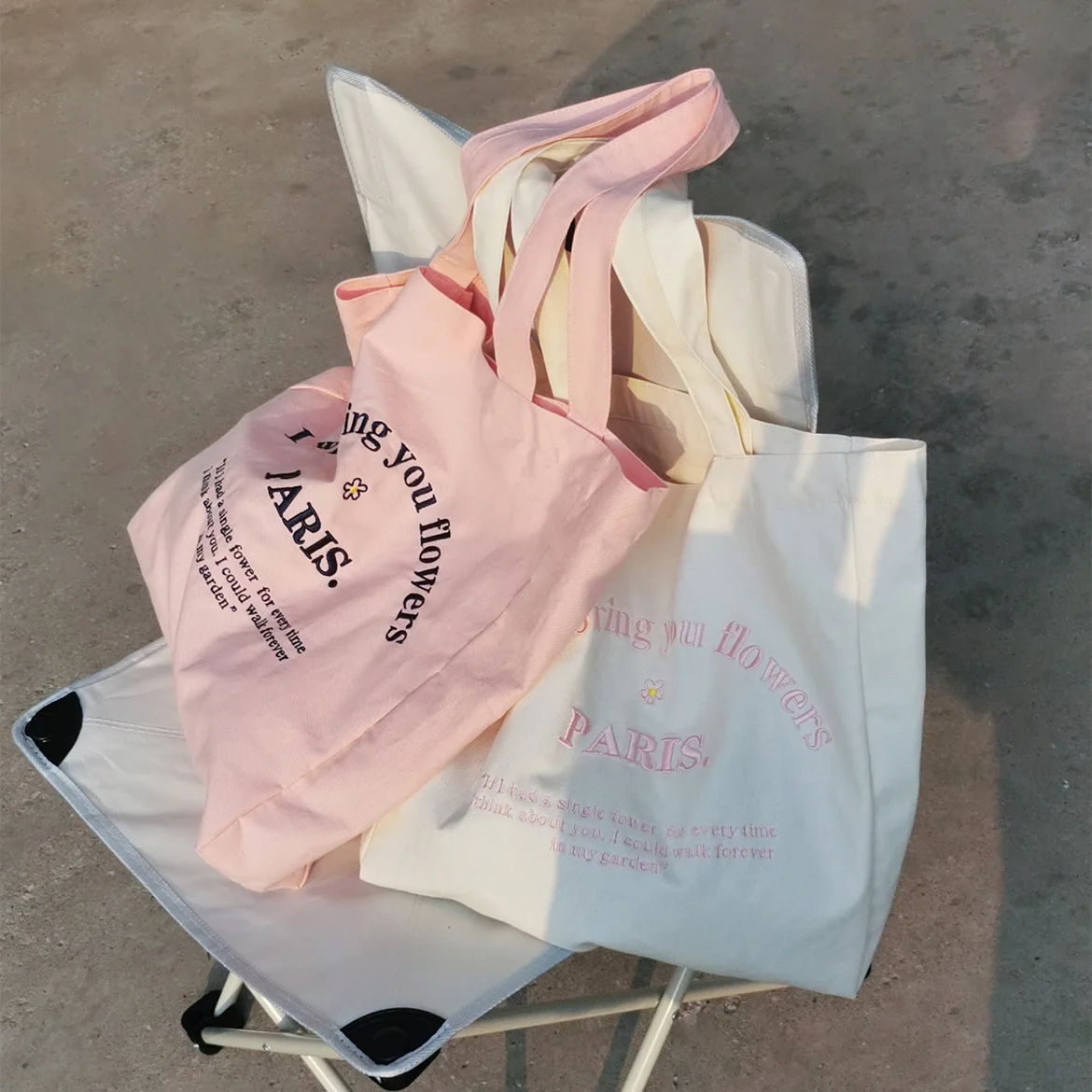 1 Piece Sweet Pink White Color Tote Bags for Girl Korean Fashion Canvas Embroidery Shoulder Bag High Capacity Women Handbag