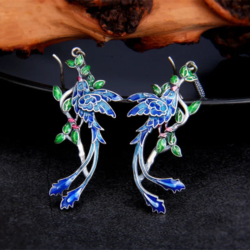 Enamel Blue Birds Dangle Earrings for Women Ethnic Swallow Peacock Earrings 925 Sterling Silver Green Leaves Tassels Brincos