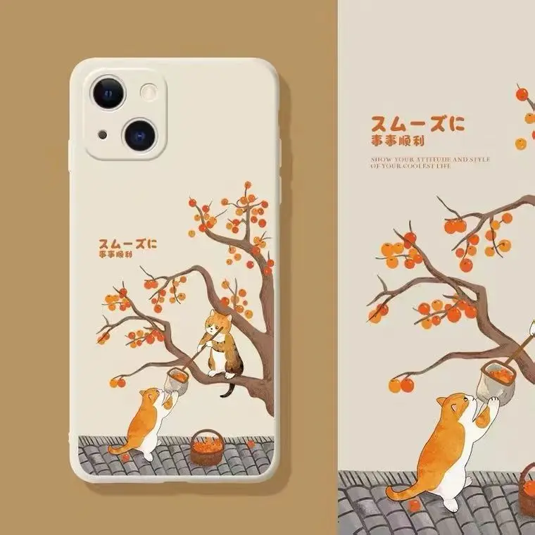 Cat Picking Persimmons Case For iPhone 13 Case Silicon For iPhone 11 12 13 Pro Max XR 7 8 11 Pro X XS Max Plus Mini Phone Cover