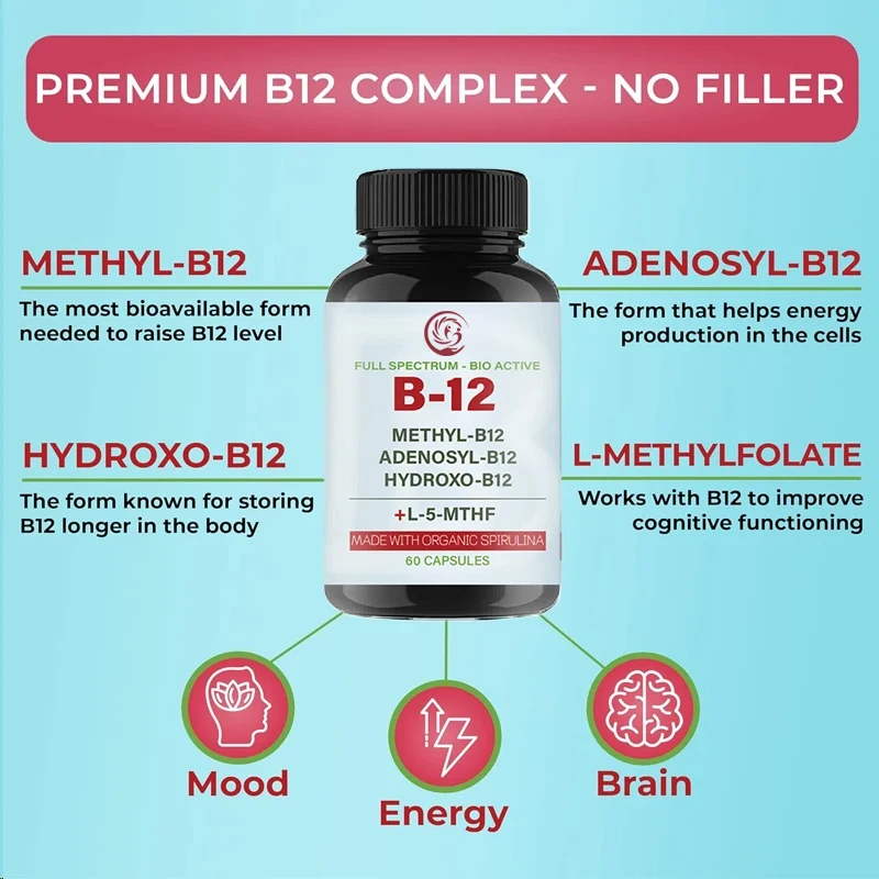 1000 mcg vitamin B12 complex containing methylcobalamine, adenosine cobalamine, and hydroxyB12 made from organic spirulina