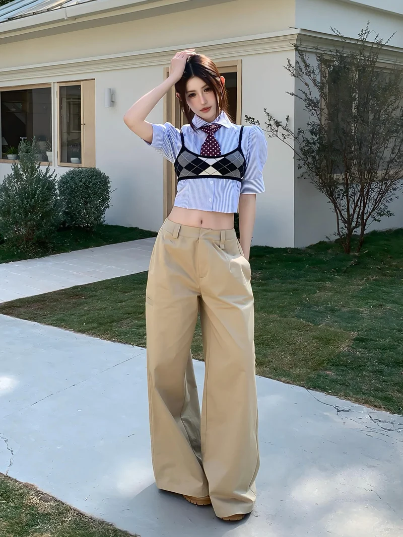 

Комплект из трех предметов: рубашка в полоску в студенческом стиле Kumikumi, многослойный вязаный жилет на бретелях, женские летние повседневные брюки, длинные брюки, модель Bubble S