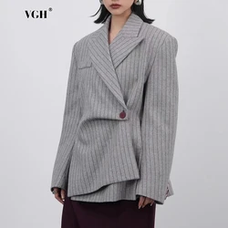 VGH Striped Printed Irregular Coat for Women Notched Collar Long Sleeve Hit Color Designer Minimalist Blazer Female Autumn Style