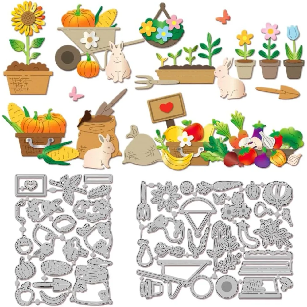 Bauernmarkt-Stanzformen für DIY Scrapbooking, Metall, Gemüse, Obst, Topfpflanzen, Blumen, Markt, Stanzformen, Kaninchen, Sonnenblume