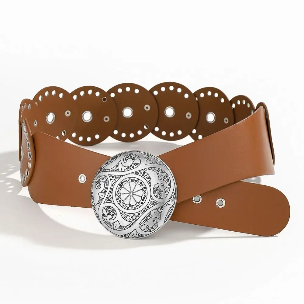 موضة بولي Leather جلد واسعة حزام للنساء قبعات رعاة البقر الغربية الشرير برشام حزام خصر Y2k المسامير الدائرية فستان حزام البنطال الجينز مهرجان الموسيقى #1