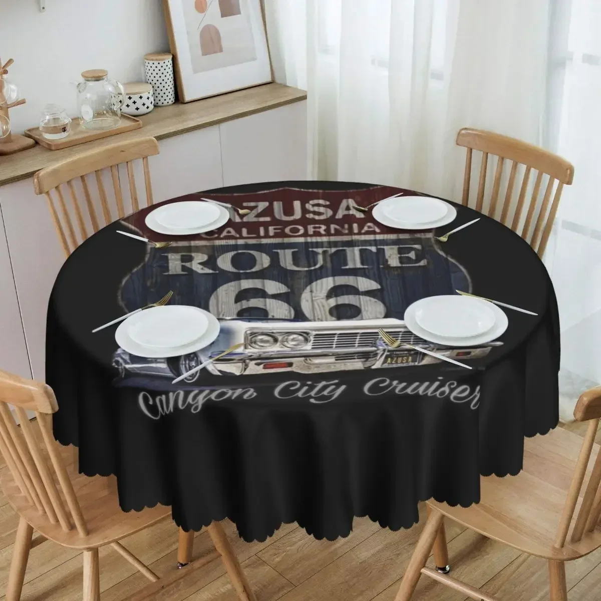 Customized Round Road Trip Route 66 Tablecloth Kitchen Dinning Table Cloth Spillproof Table Cover