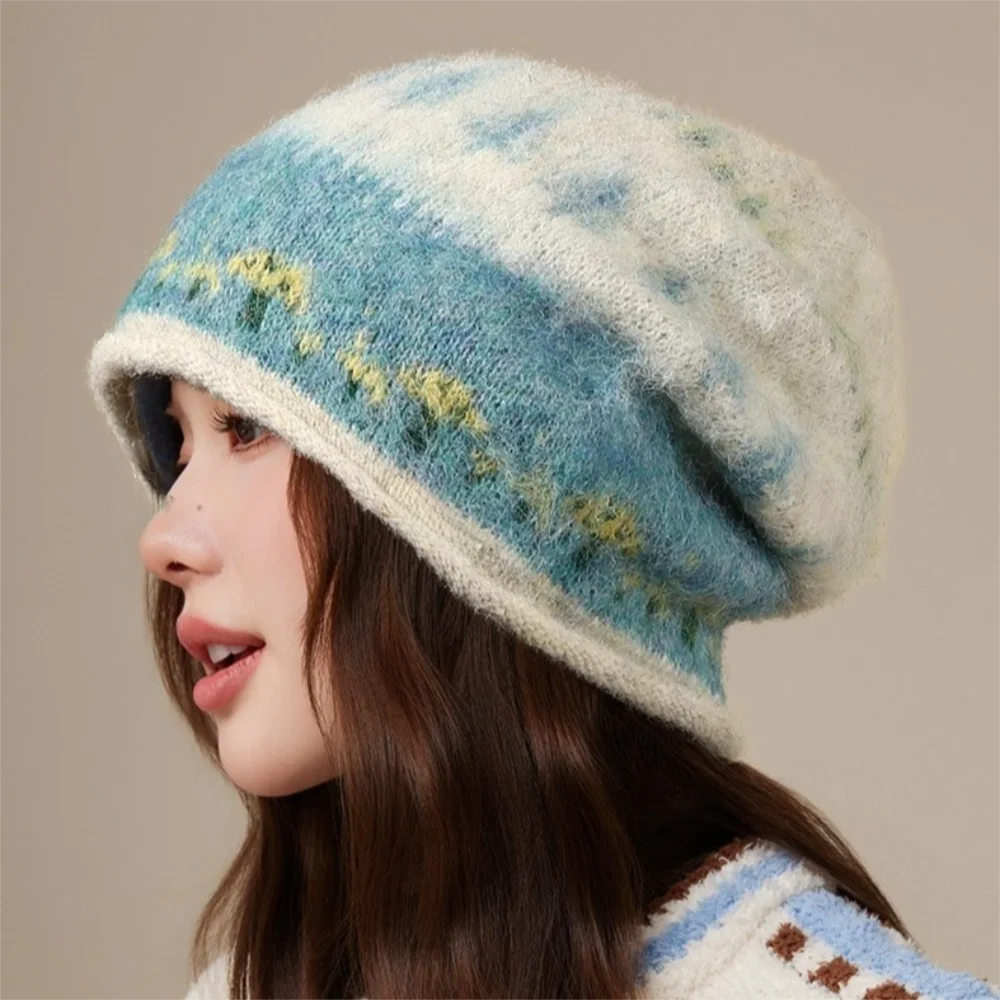 Retro Fair Isle Style Jacquard Knitted Hat Windproof Thickened Pullover Hat Winter Warm Oversized Beanies Hat For Women