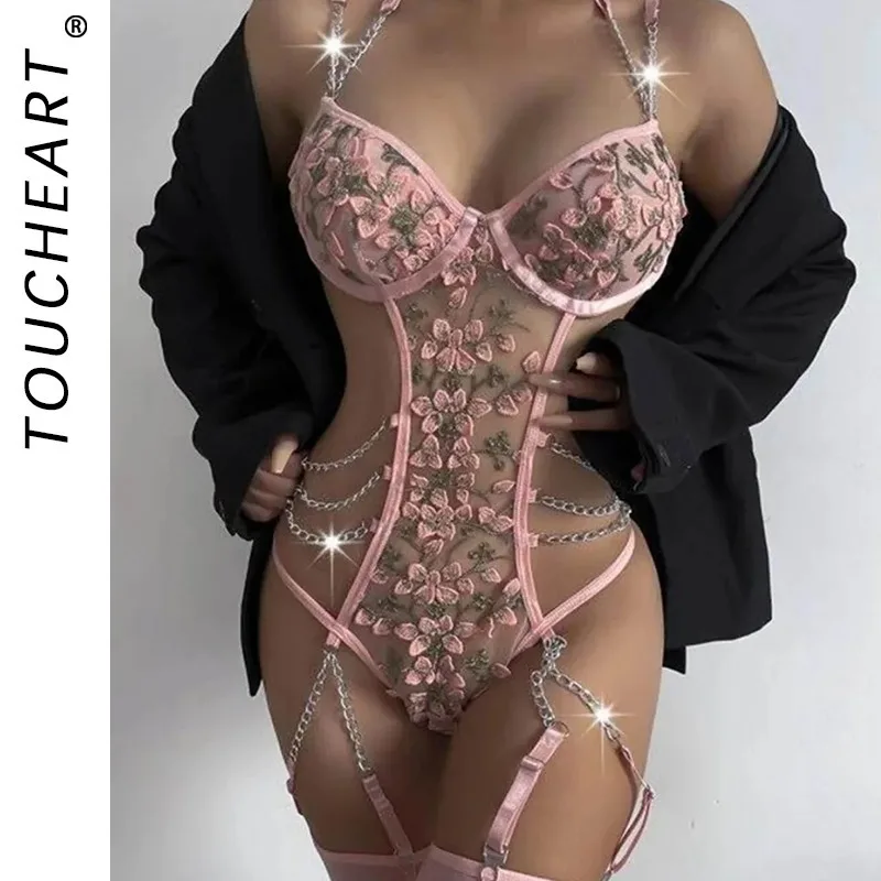

Toucheart Girl Lace Floral Sexy Babydoll Bodysuit Steel RingLeg Rings Hollow Private Skinny Plunge Women Interesting Adult Suit