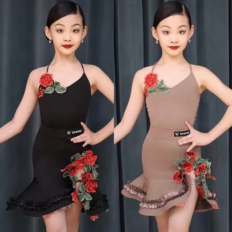 

2023 Kids Latin Dance Clothes Girls Rose Dress Black Khaki Practice Wear Rumba Ballroom Dance Dress Performance Costume DNV18280