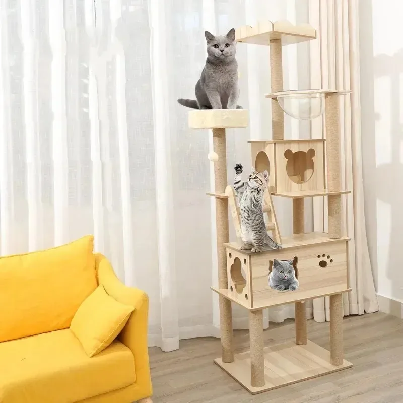

Многослойный домик на дереве для кошек, деревянная башня для кошек с сизалевой веревкой, когтеточки для кошек, плюшевый тканевый гамак, рама для скалолазания