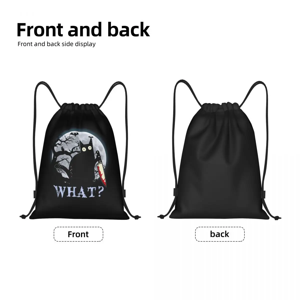 Custom Funny Cat What Murderous Black Cat With Knife Drawstring Bag  Portable Sports Gym Sackpack Halloween Shopping Backpacks