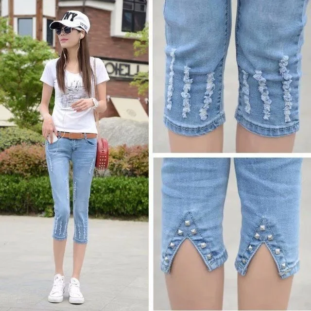 Women's Capris Jeans Pants Summer High Waist Short Trousers Streetwear Stretch Skinny Calf-LengthPencil Denim Pants