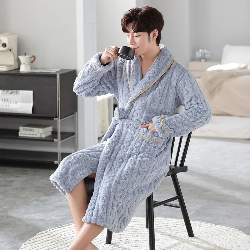 Autumn Winter New Long Nightgown for Men Coral Velvet Bathrobe Long Sleeve Pajamas for Men Thickened Flannel Bath Robe Homewear