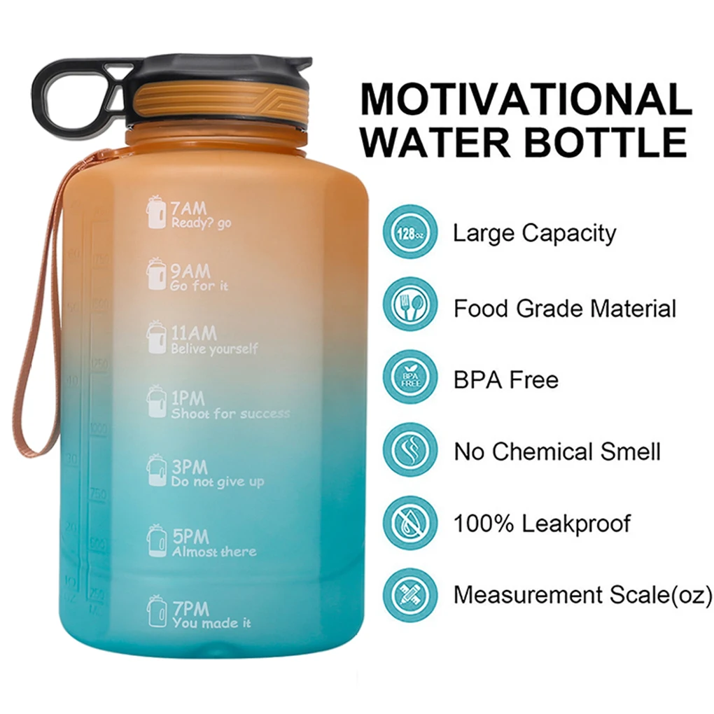 

3.78L Motivational Water Bottle with Time Marker Straw Gallon Jug Large Capacity Storage Container Fitness