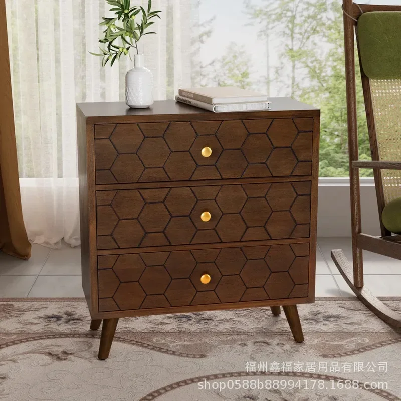 for New Custom European American Hot Selling Medieval Honeycomb Four Legged Bedside Table with Three Drawers