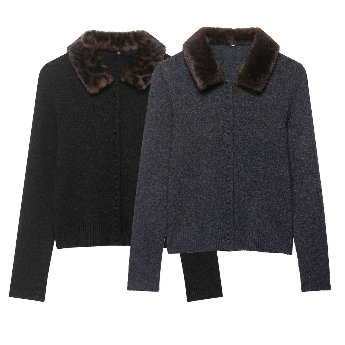 

2025 Winter New Women's Casual Fashionable Simple Lapel Long Sleeve Faux Fur Patchwork Button-Down Knitted Cardigan
