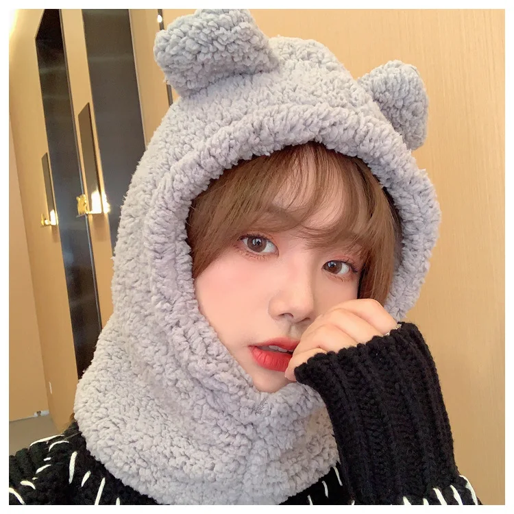 New Winter Warm Cute Bear Ear Hat Outdoor Riding Thicken One-piece Hooded Ear Protection Hat Women Casual Hat Balaclava Beanies