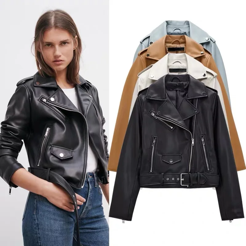 ETJ2024 Autumn and Winter New Women's Leather Jacket Motorcycle Zipper Jacket Slim Fit Fashion Short Coat Multiple Colors Availa