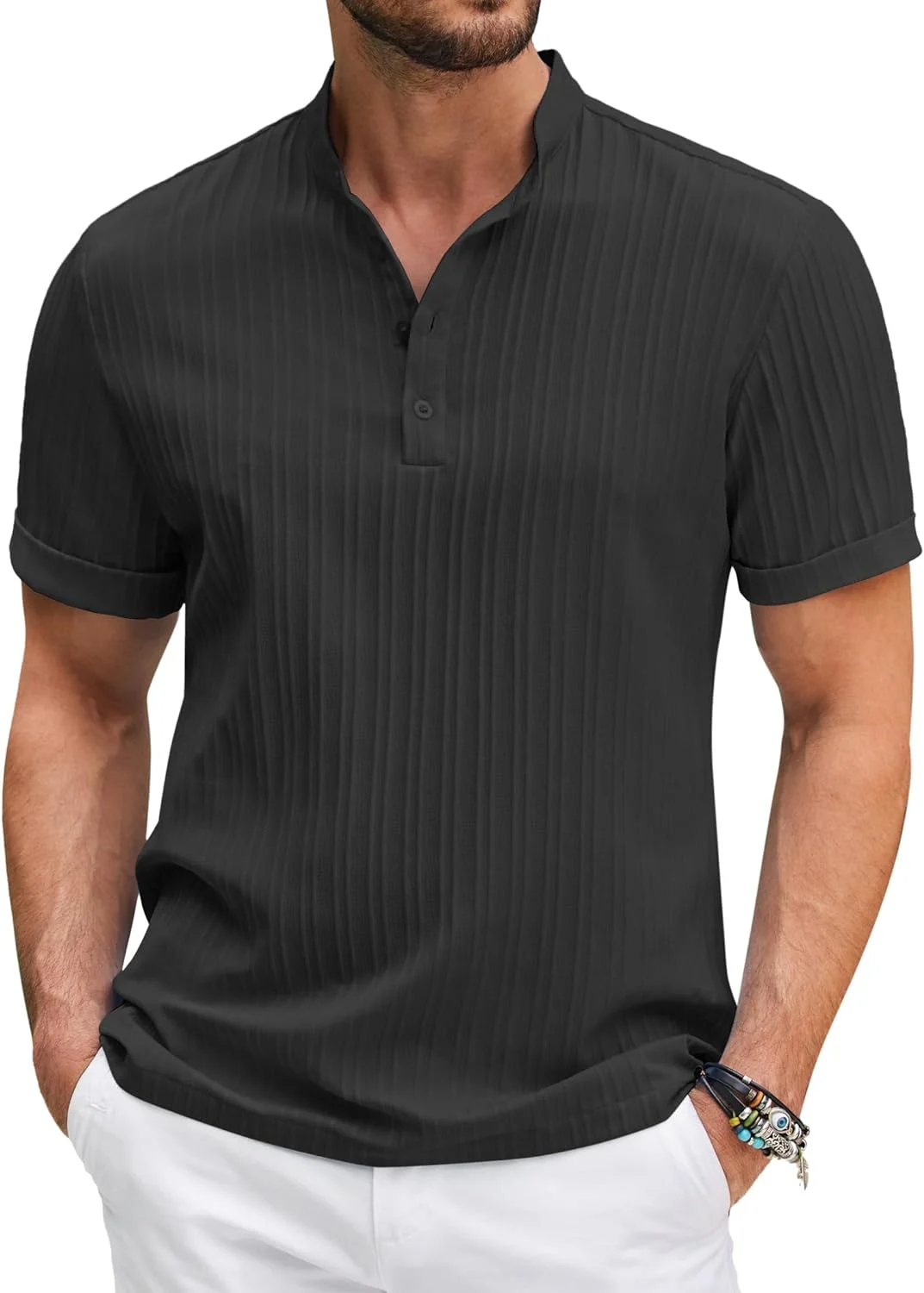 Camisa a rayas para hombre, ropa informal de manga corta con cuello levantado, estilo Harajuku, para playa y verano, novedad de 2024