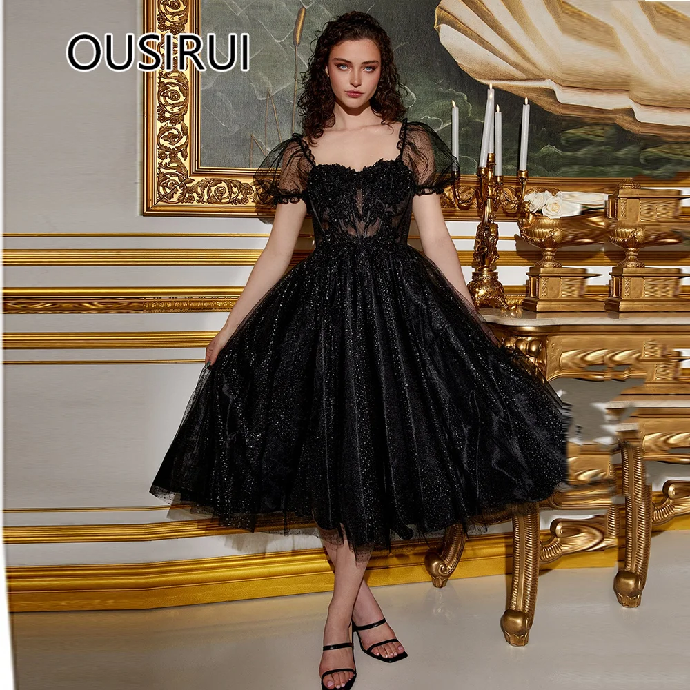 OUSIRUI Black Short Sleeve Tulle Sparkly Prom Holiday Dress with Lace Tea-Length A-line Back Illusion Graduation robe de mariée