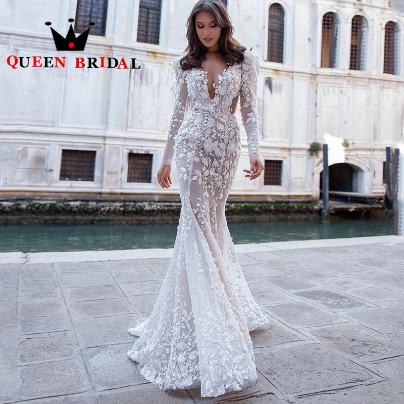 Sexy Deep V Appliques Lace Wedding Dresses Long Sleeve Mermaid Floor Length Formal Women Bride Gowns Robe De Mariée Custom Y76X