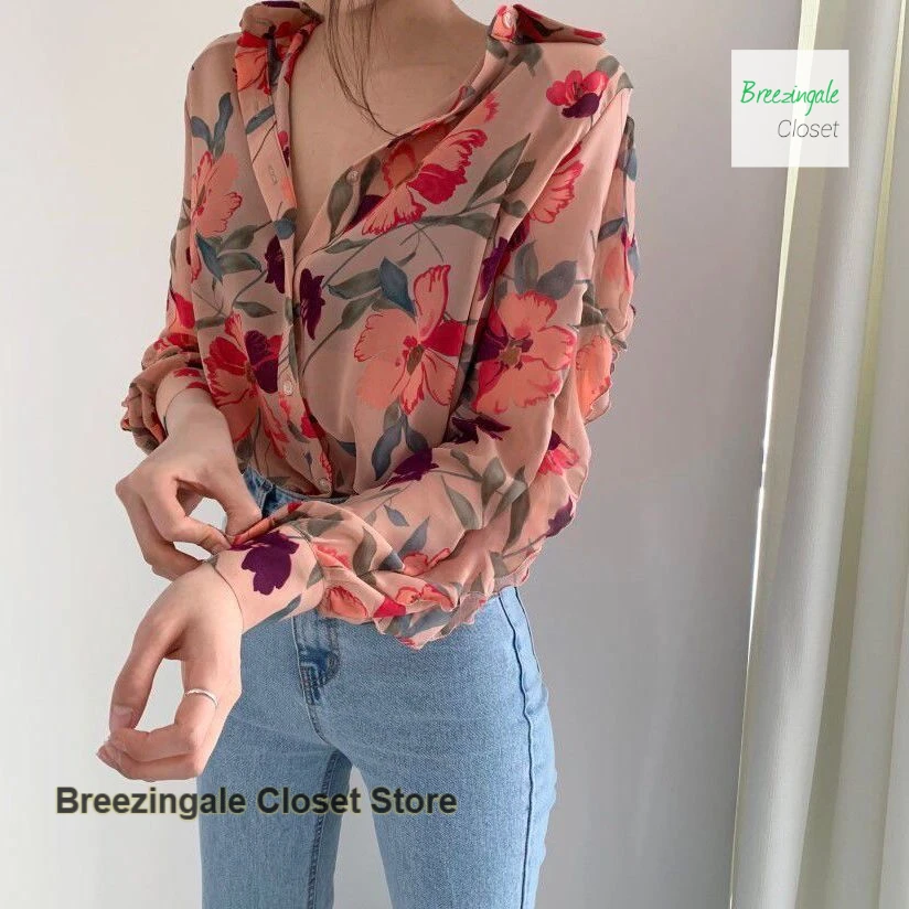 French high-grade luxury floral chiffon long-sleeved shirt women's summer thin slim and simple western-style niche design top