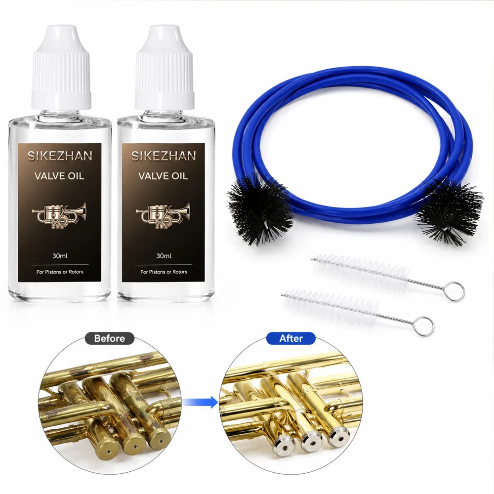 Trumpet Cleaning Kit 2Pcs Valve Oil Liquid Lubricant Snake Brush Mouthpiece Wash Tool for Brass Instrument Cornet Horn Care