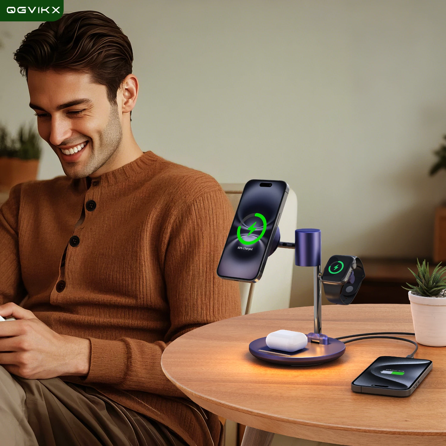 Qi2 15W 4-in-1 Magnetic Cooling Wireless Charger with Night Light Compatible with Apple and Samsung Phones Watches and Earphones