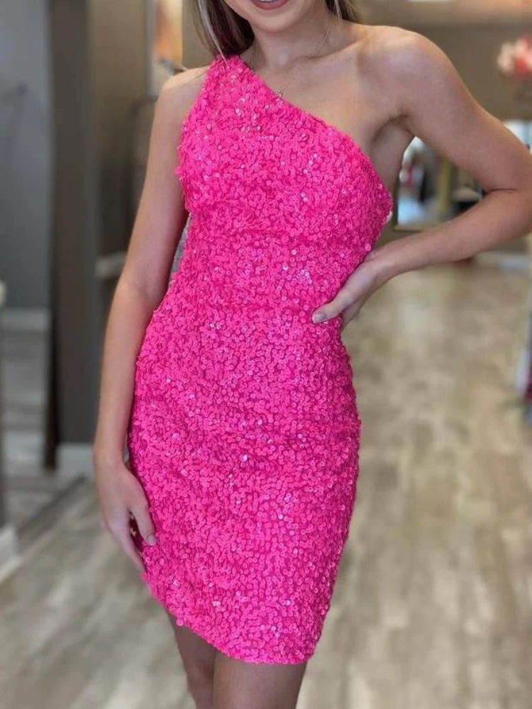 Customized New Simple Euramerican Classic Summer Party Dresses Luxury Sequin Slim Fit Mini Cocktail Prom Gown Chic One Shoulder