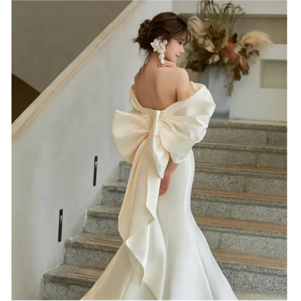 Luxury Elegant Trumpet Foraml Wedding Dress Floor Length Sexy Backless Bow Shawl Strapless Pretty Exquisite Robe De Mariée