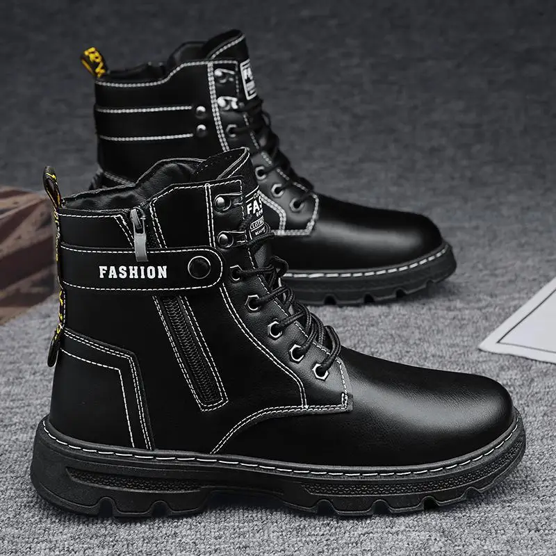 High Top Boots 2024 Men\'s Leather Shoes Fashion Motorcycle Ankle Breathable Boots for Men Winter Boots Man Lace-Up Botas Hombre