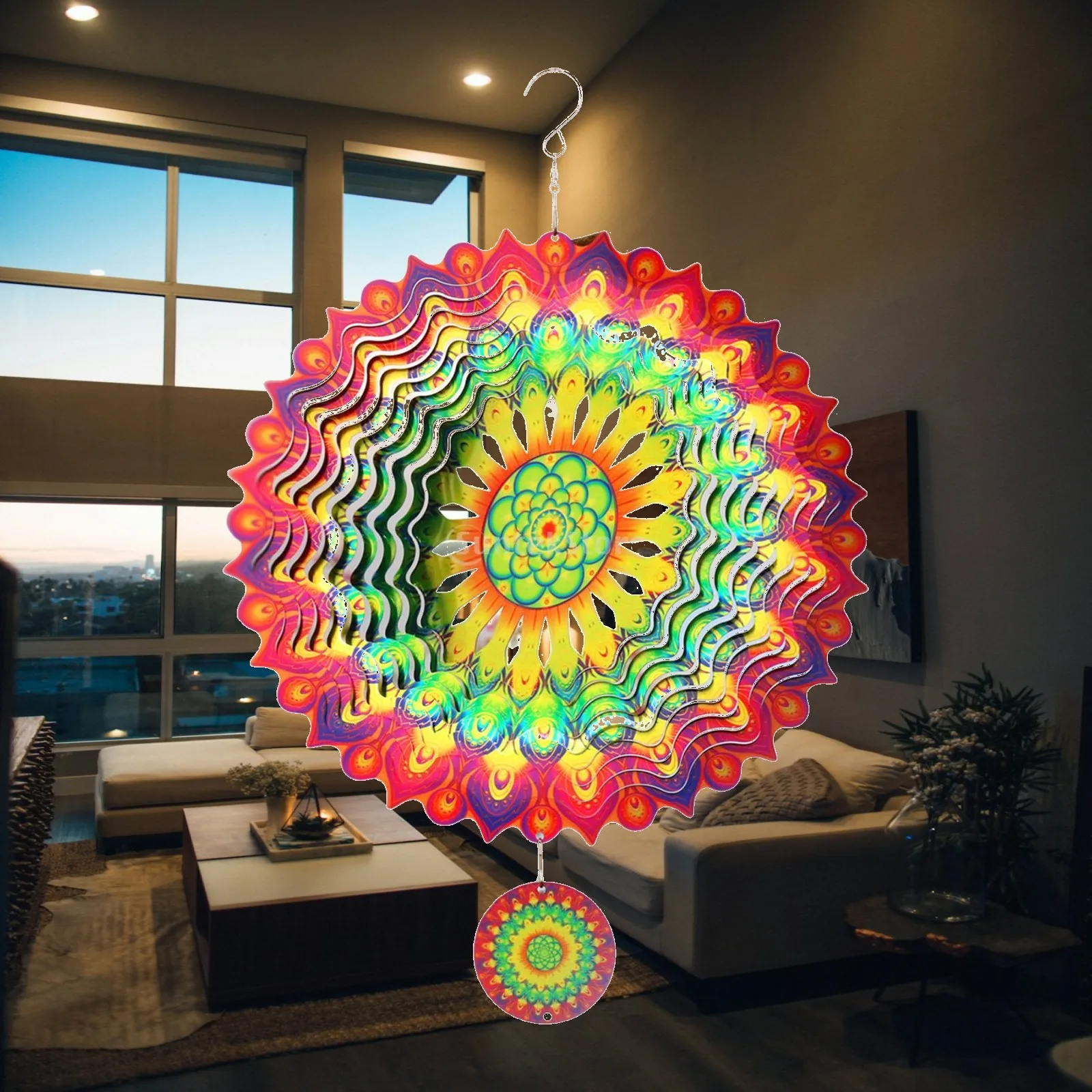 3D Rotating Wind Chime Metal Windmill Hanging Ornament Decorative Portable Spinner for Garden Patio Backyard