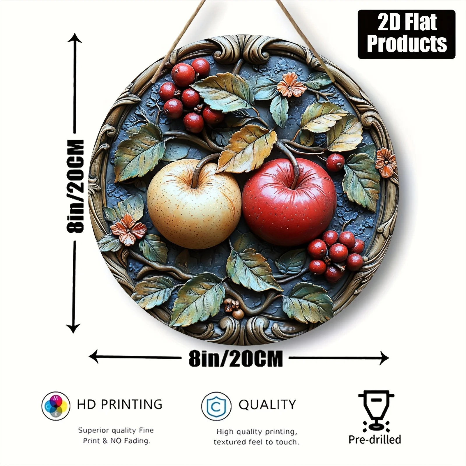 2D Flat, Round Wooden Sign Decorative Plaque with Vintage Apple Tree Branch Theme, Suitable for Bar Kitchen Cafe Home Room Offic