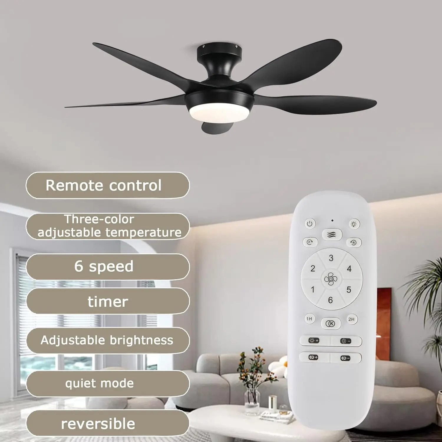 Ceiling Fan With Lights, 46 Inch Low Profile Ceiling Fan With Light And Remote/App Control, Flush Mount 6 Speeds Dc Reversible