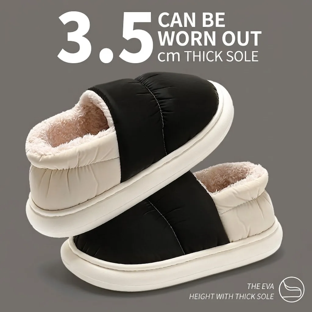 Unisex Winter Warm Slippers Women Men 4cm Thick Sole Cloud Pillow Slides Waterproof Down Indoor Outdoor Fleece Home Shoes Mule