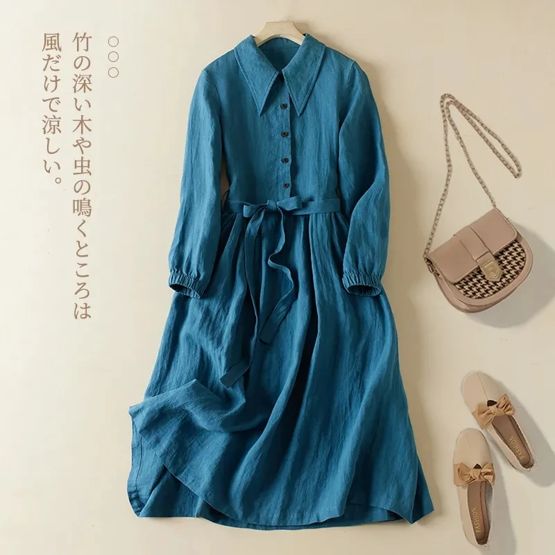 Literary Solid Color Cotton Linen Dress 2024 New Women Spring Summer Autumn Dresses Vestidos Long Sleeve Casual Shirt Dress