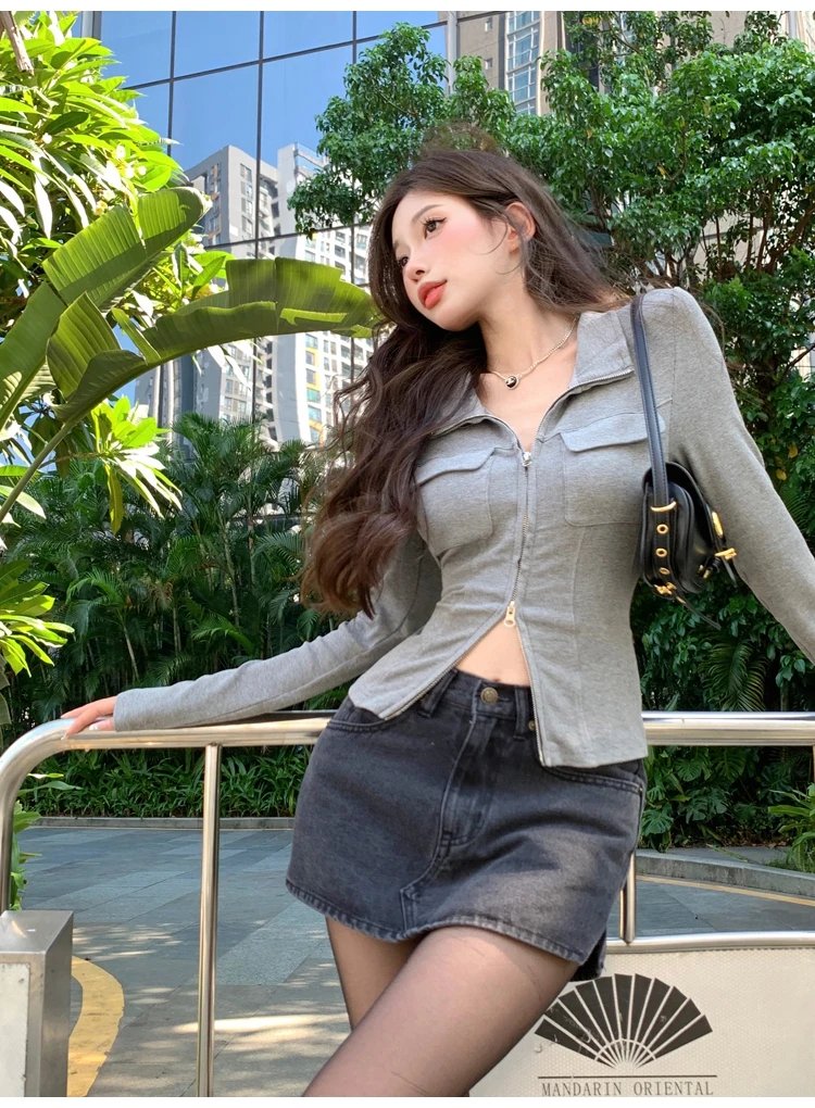 Frauen T-shirt Frühling Herbst Kleidung Rippen Gestrickte Langarm Kurze Tops Zipper Design T Sexy Weibliche Dünne Tops – Detail 15