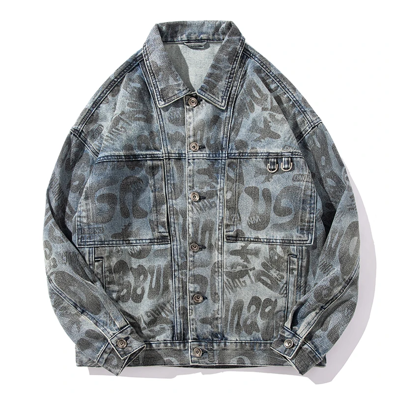 

Hip-hop fashion design denim coat for men 2024 autumn retro washed Street printing loose fashion casual Y2K clothes