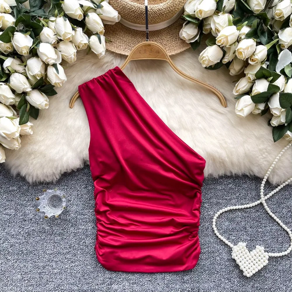 Chic Retro asymmetrical pleated French Fashion Tank Top Slim  Crop Top Sexy Women Summer Diagonal collar Camis