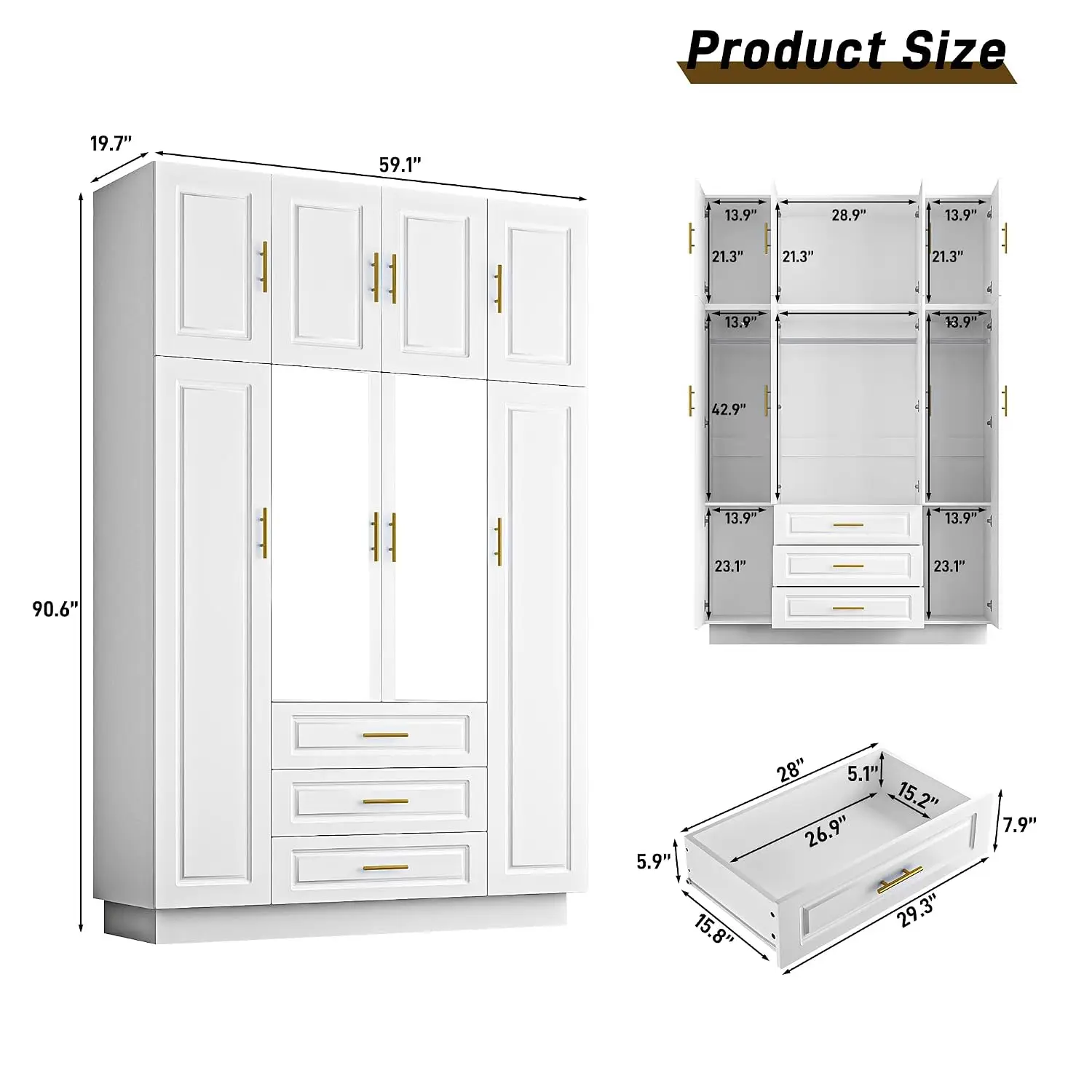 Large Armoire Wardrobe Closet Cabinet with Drawers and LED Lights, Multi-Tier Shelves, Hanging Rod, Large Capacity, Customized