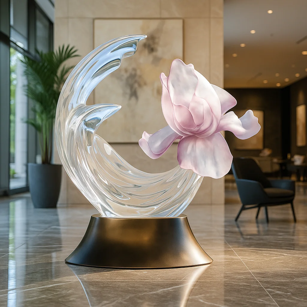 *#Q  Custom Modern Transparent Resin Wave Art Sculpture With Pink Flower Home and Hotel Lobby Decorative Ornament&
