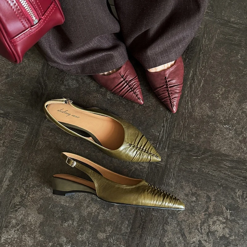 2026 new spring summer women sandals natural leather 22-24.5cm cowhide+sheepskin+pigskin pointed toe pleated buckle women shoes