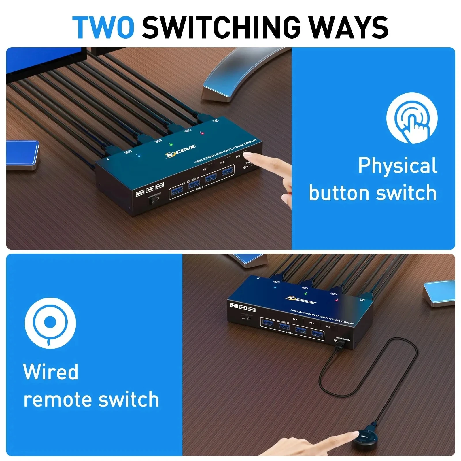 HDMI Dual Display KVM Switch Simulação, USB 3.0, Switcher de exibição estendido para 3 computadores Compartilhar, Compartilhar, EDID