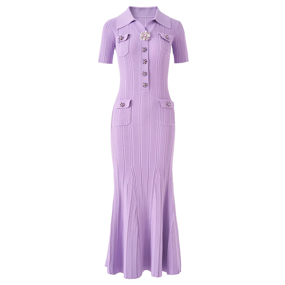 customized Purple POLO collar heavy industry diamond buckle slim fit waist long knitted cross-border dress