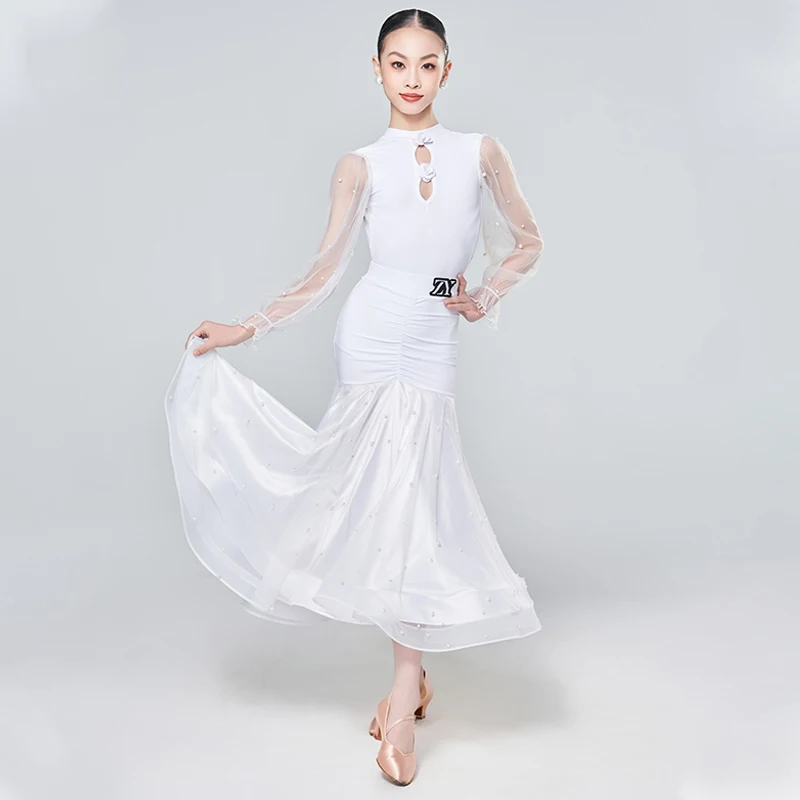 Модные платья для соревнований по латинским танцам, белый сетчатый костюм с рукавами для бальных танцев, одежда для современного вальса для девочек, SL11997