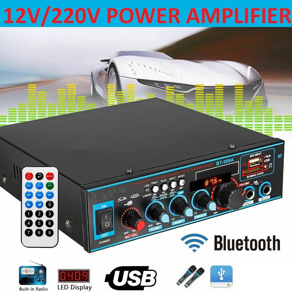 BT-309A 220v 800w bluetooth 5.0 amplificador para alto-falantes 2.0 canais de potência áudio do carro amp baixo alta fidelidade leitor música plugue da ue