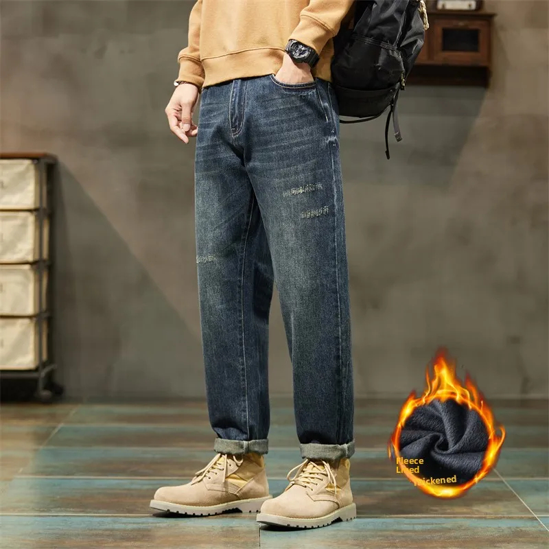 

Men's Fce Lined Casual Harajuku Sle Loose Straight Leg Jeans Thi Denim mid High Waist Zipper High Elastici Winter Lo...