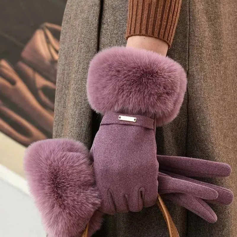 Women Winter Keep Warm Plush Wrist Fingertips Clamshell Touch Screen Gloves Fashion Elegant Retro Luxury Drive Cycling Thicken