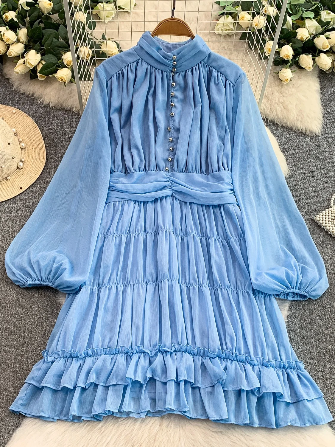 Ele Metal Bule Stand Collar largo Sve Mujer Dr Otoño Invierno gasa plisada cintura ceñida blusa Ci Commute